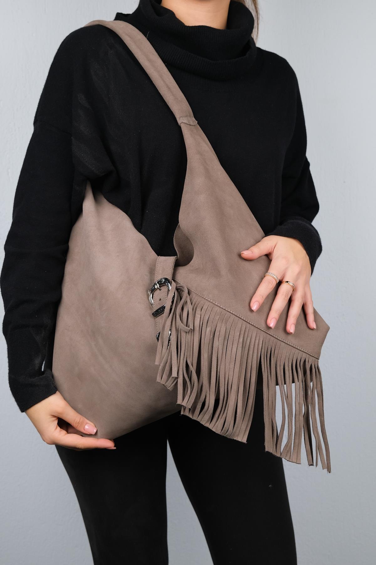 Rosalin - Bolso de hombro con borla de ante color beige oscuro (Mujer)