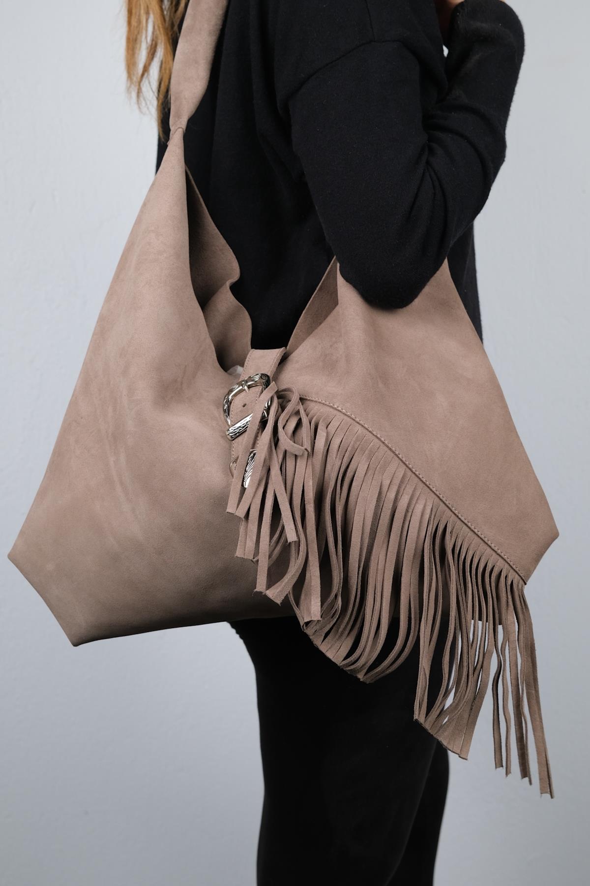 Rosalin - Bolso de hombro con borla de ante color beige oscuro (Mujer)