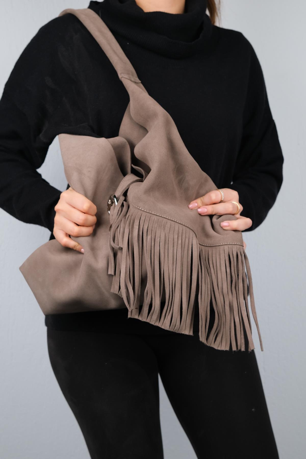 Rosalin - Bolso de hombro con borla de ante color beige oscuro (Mujer)