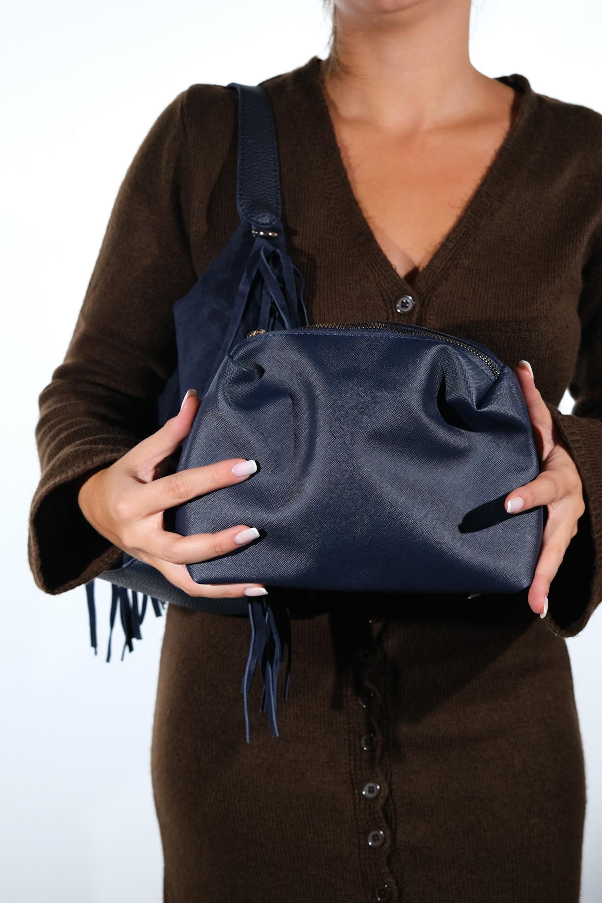 VALS - Navy Suede Leather Shoulder Bag (Women)