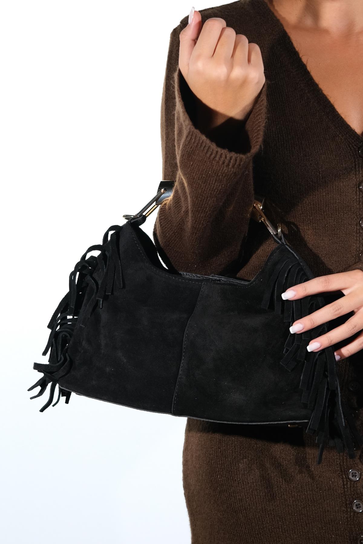 ASTREN - Bolso de hombro de piel de ante negro (Mujer)