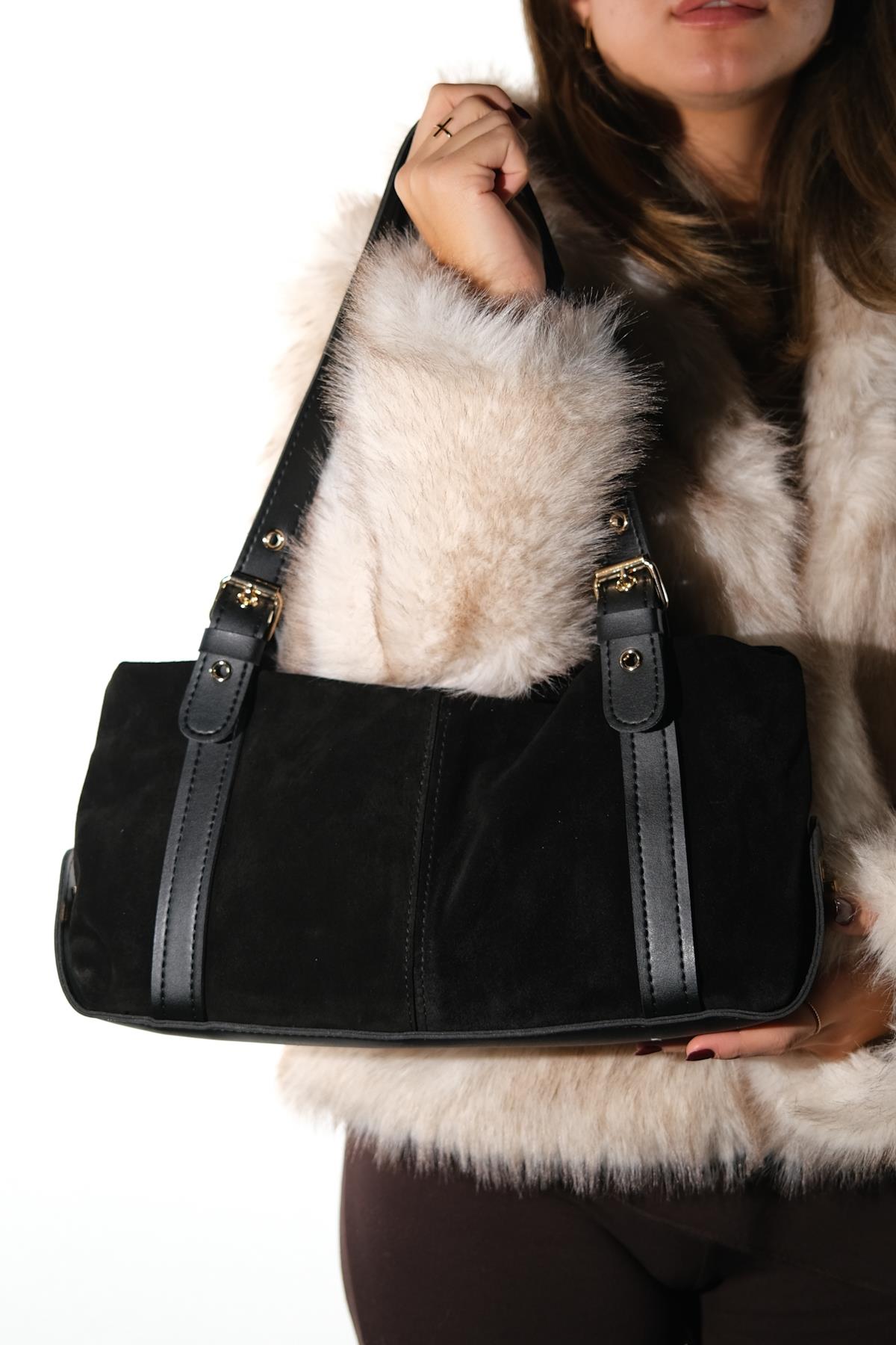 NERINA - Bolso de Hombro de Piel de Ante Negro (Mujer)