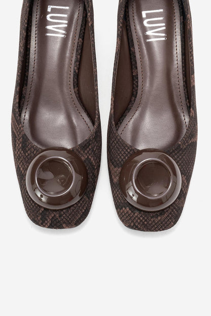 Mila - Zapatos de tacón de bloque con hebilla y punta cuadrada con estampado marrón (Mujer)