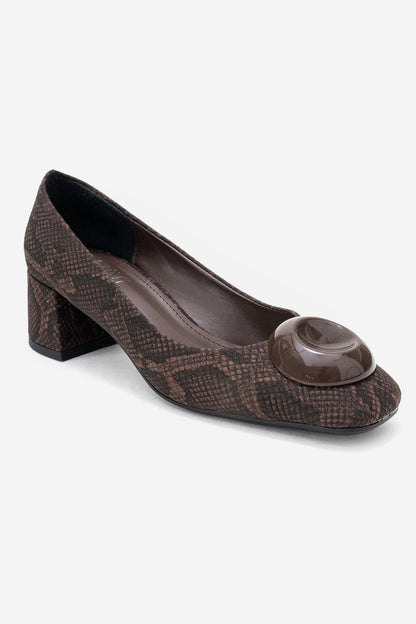 Mila - Zapatos de tacón de bloque con hebilla y punta cuadrada con estampado marrón (Mujer)