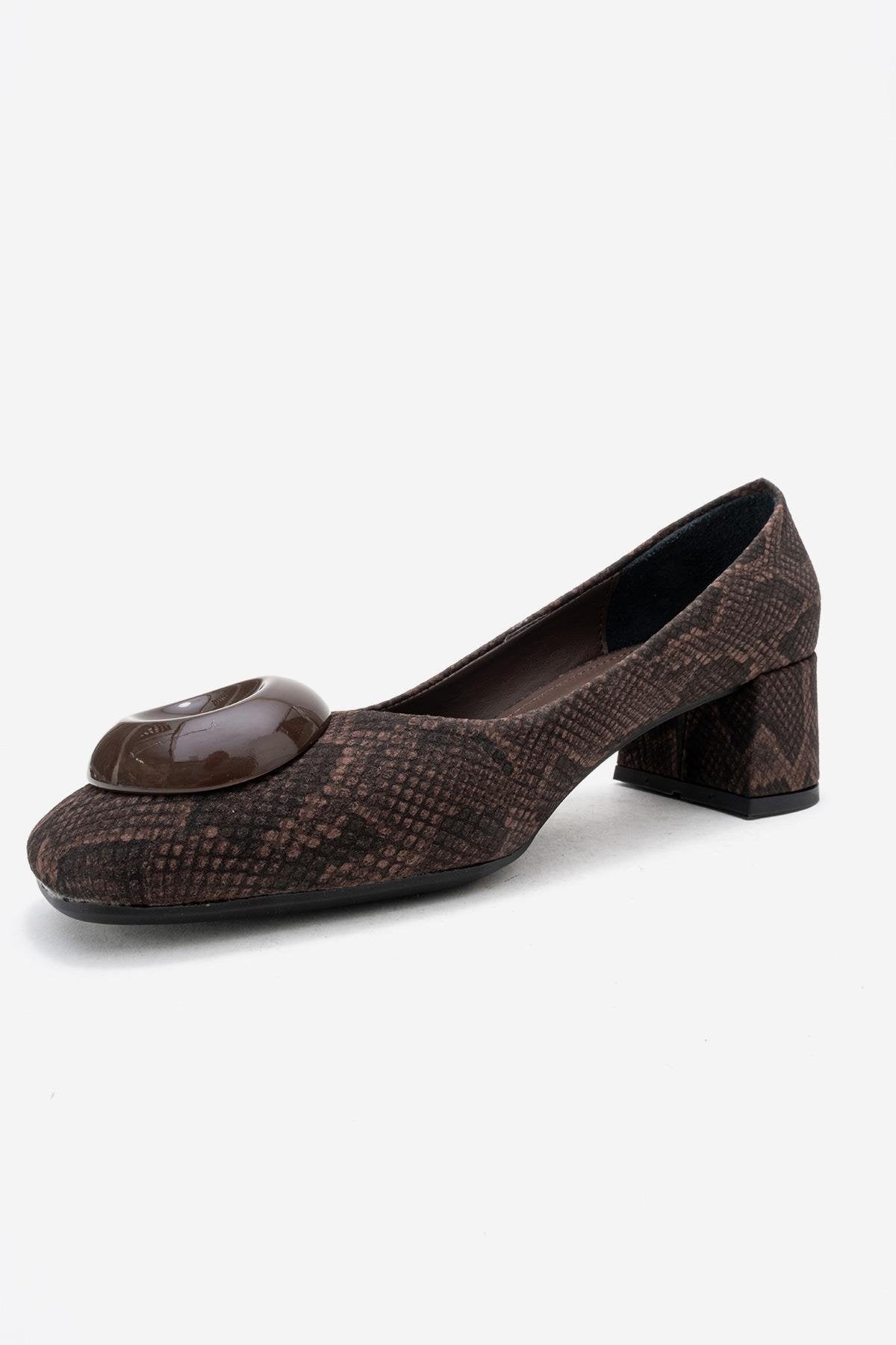 Mila - Zapatos de tacón de bloque con hebilla y punta cuadrada con estampado marrón (Mujer)