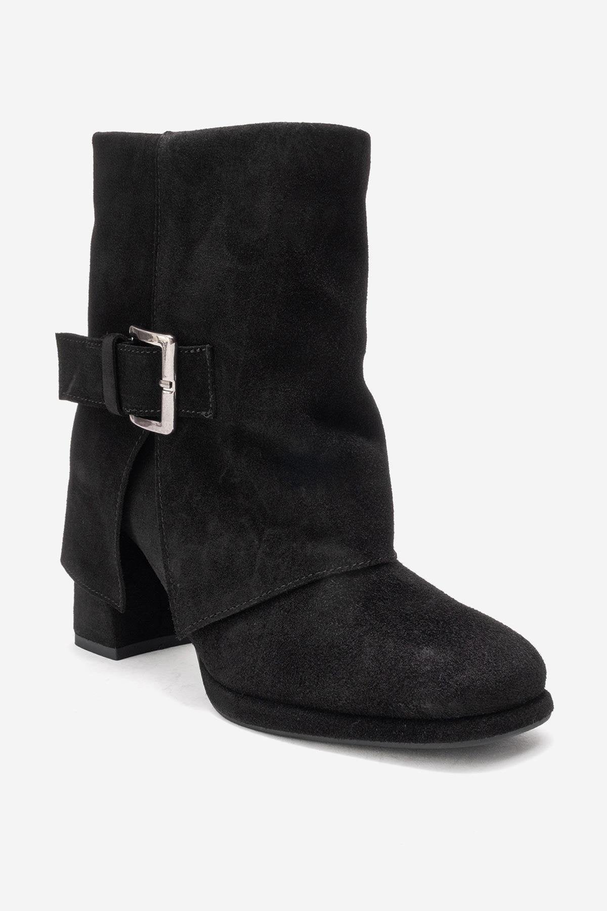 LORE - Bota de tacón de bloque de piel de ante negra (Mujer)