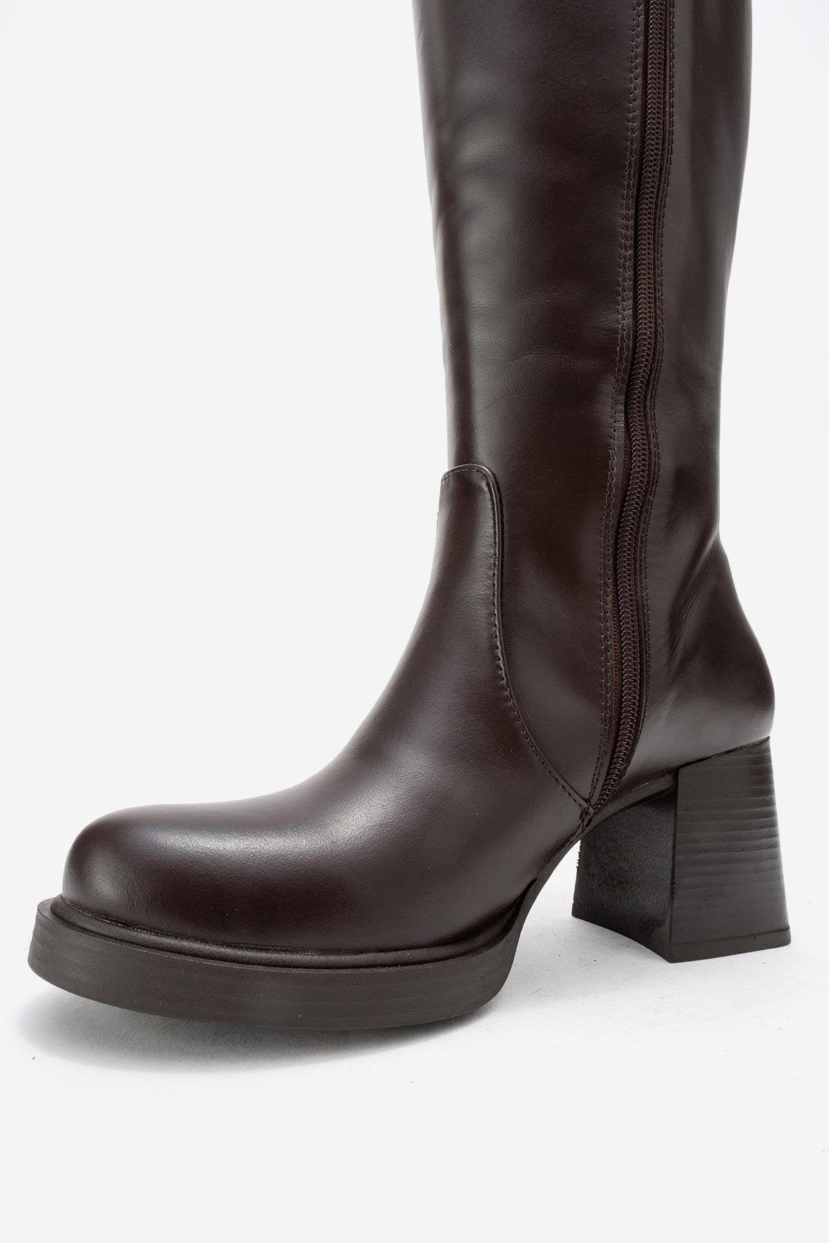 Lensa - Brown Leather Block Heel Boot (Women)