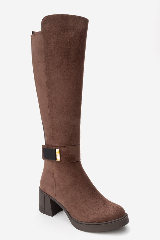 Moreni - Brown Suede Stretch Buckle Block Heel Knee-High Boot (Women)