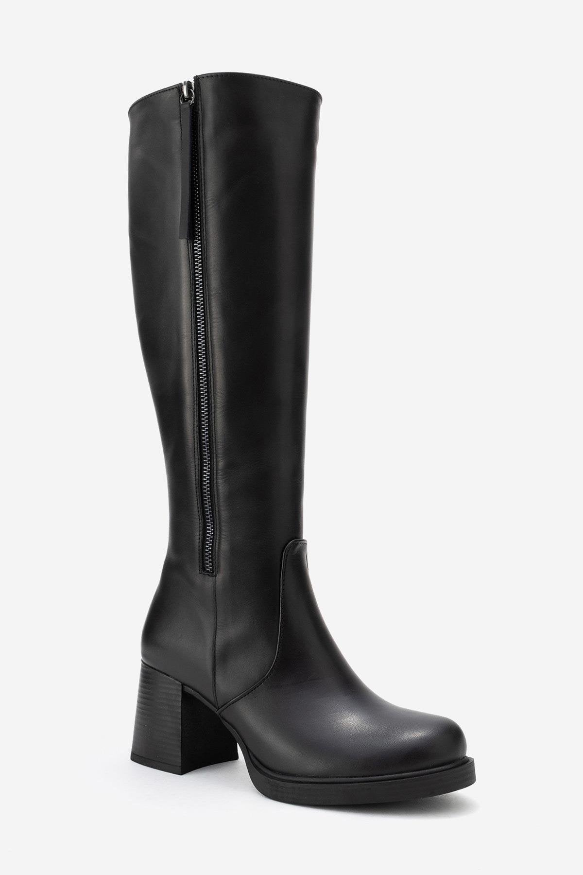 Lensa - Bota de tacón de bloque de cuero negro (Mujer)