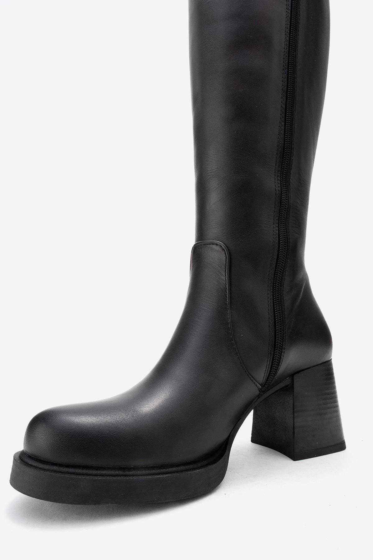 Lensa - Bota de tacón de bloque de cuero negro (Mujer)
