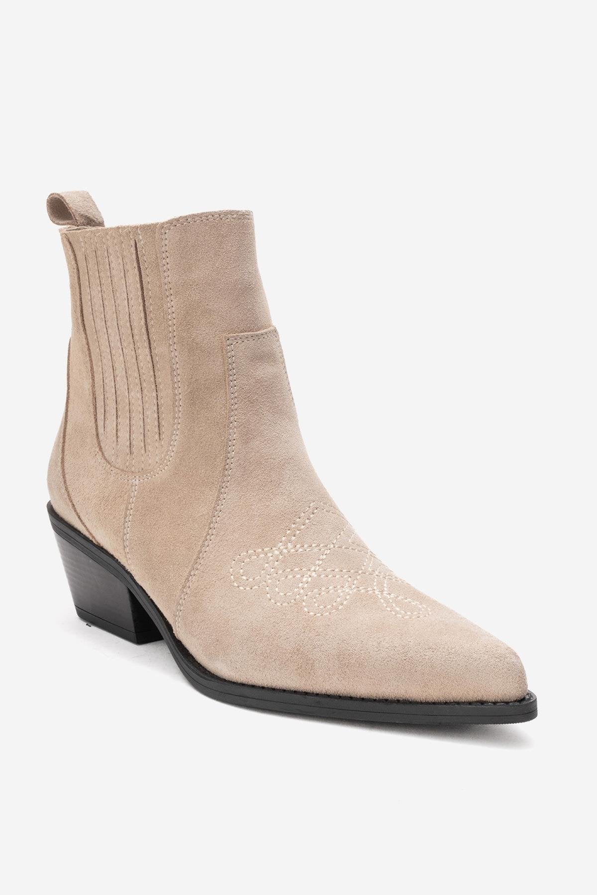 Julieta - Botín vaquero de tacón de bloque de ante beige (Mujer)