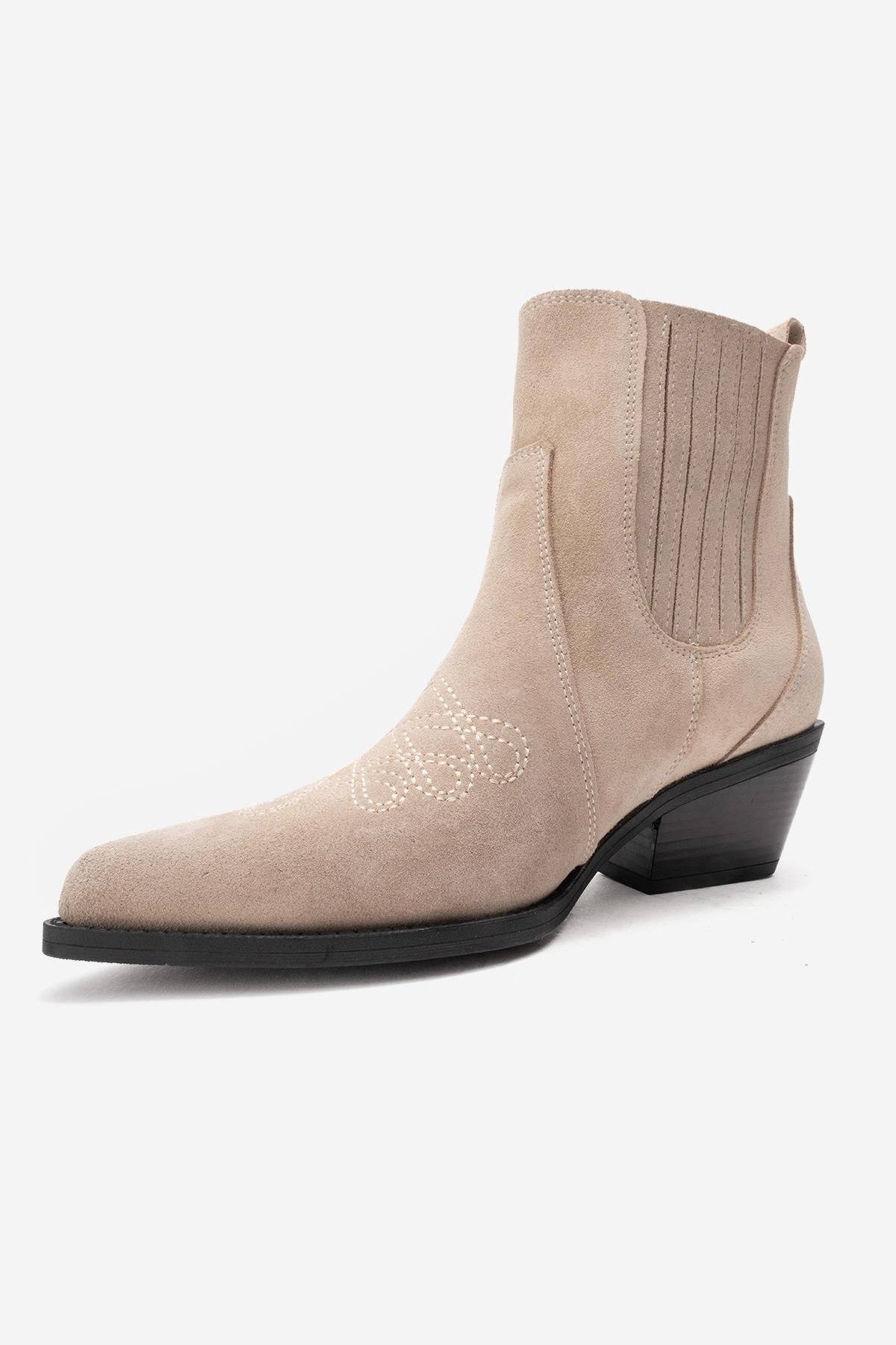 Julieta - Botín vaquero de tacón de bloque de ante beige (Mujer)