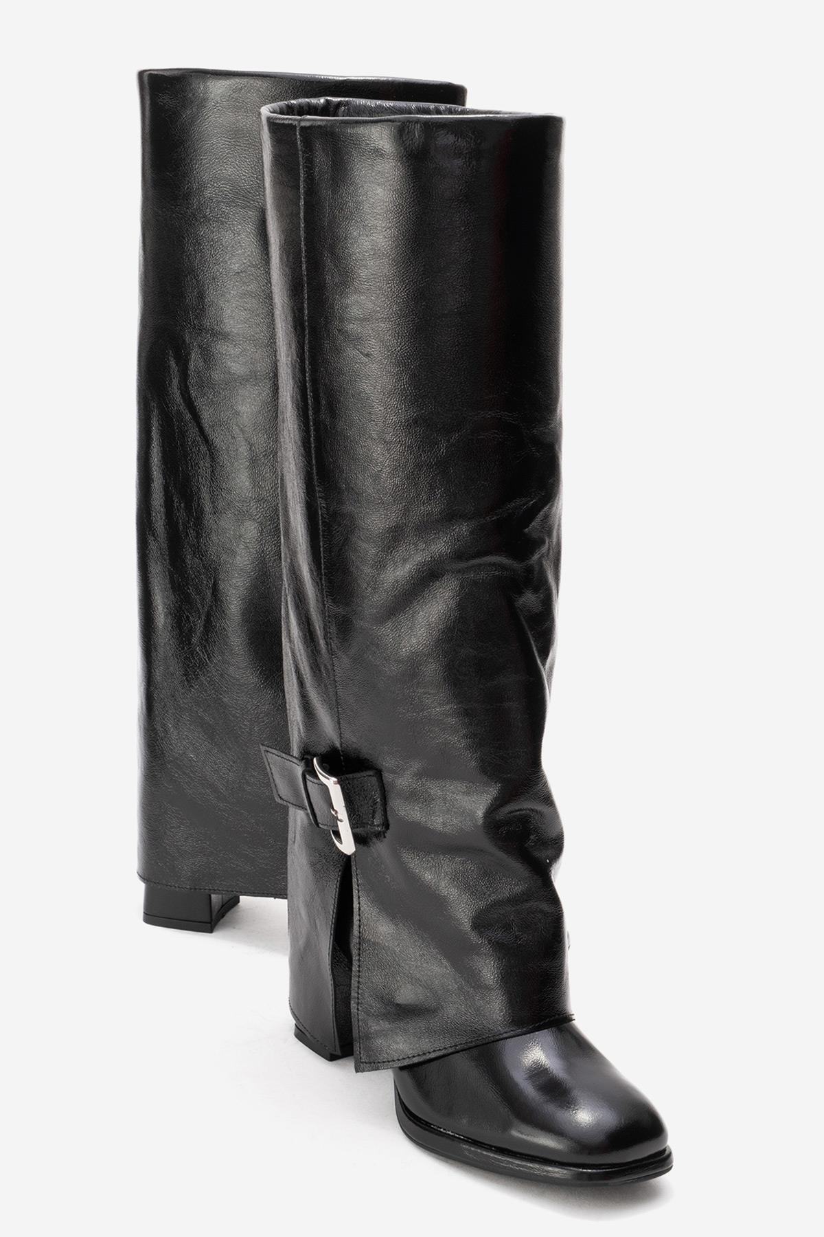 Lojo - Bota de tacón de bloque de charol negro (Mujer)