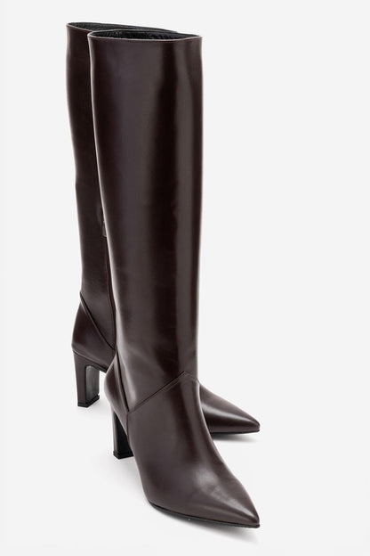 Merla - Bota de tacón cuadrado de cuero marrón (Mujer)