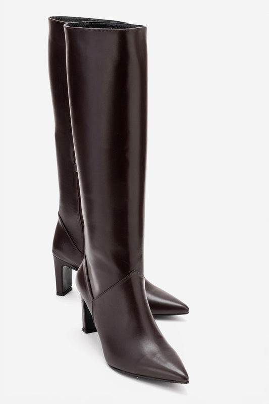 Merla - Bota de tacón cuadrado de cuero marrón (Mujer)