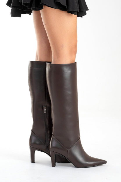 Merla - Bota de tacón cuadrado de cuero marrón (Mujer)