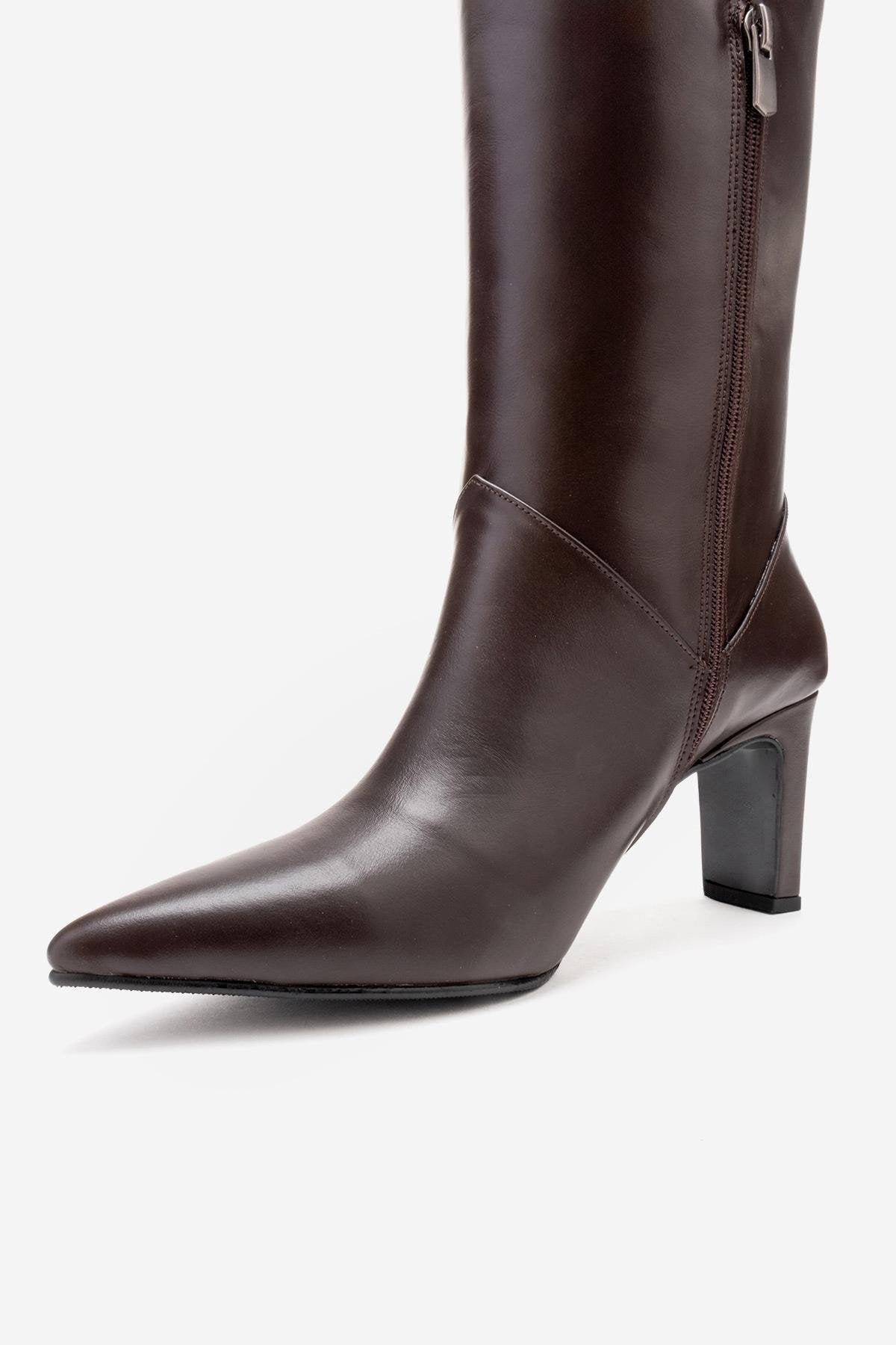 Merla - Bota de tacón cuadrado de cuero marrón (Mujer)