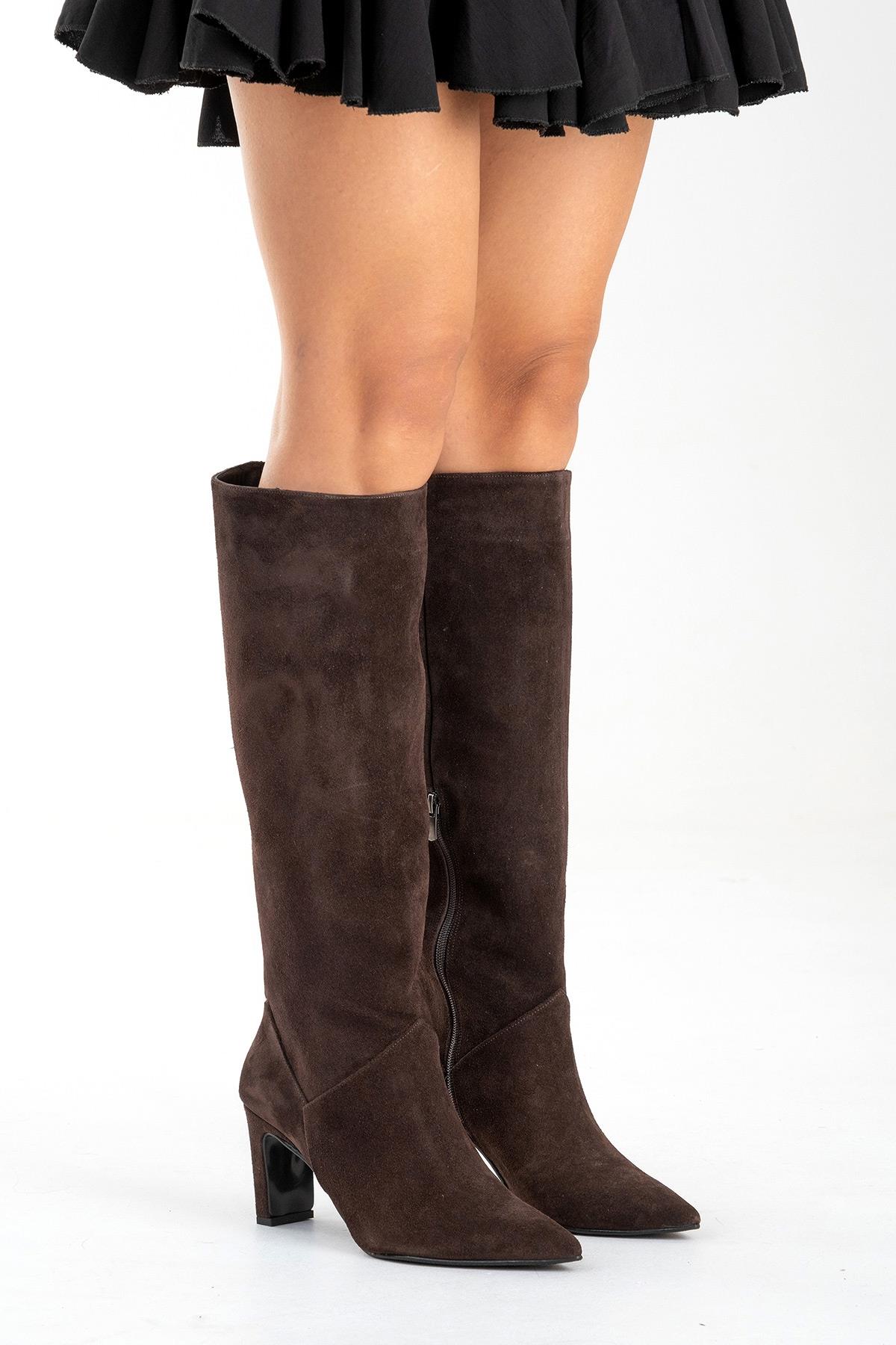Merla - Brown Suede Leather Block Heel Boot (Women)