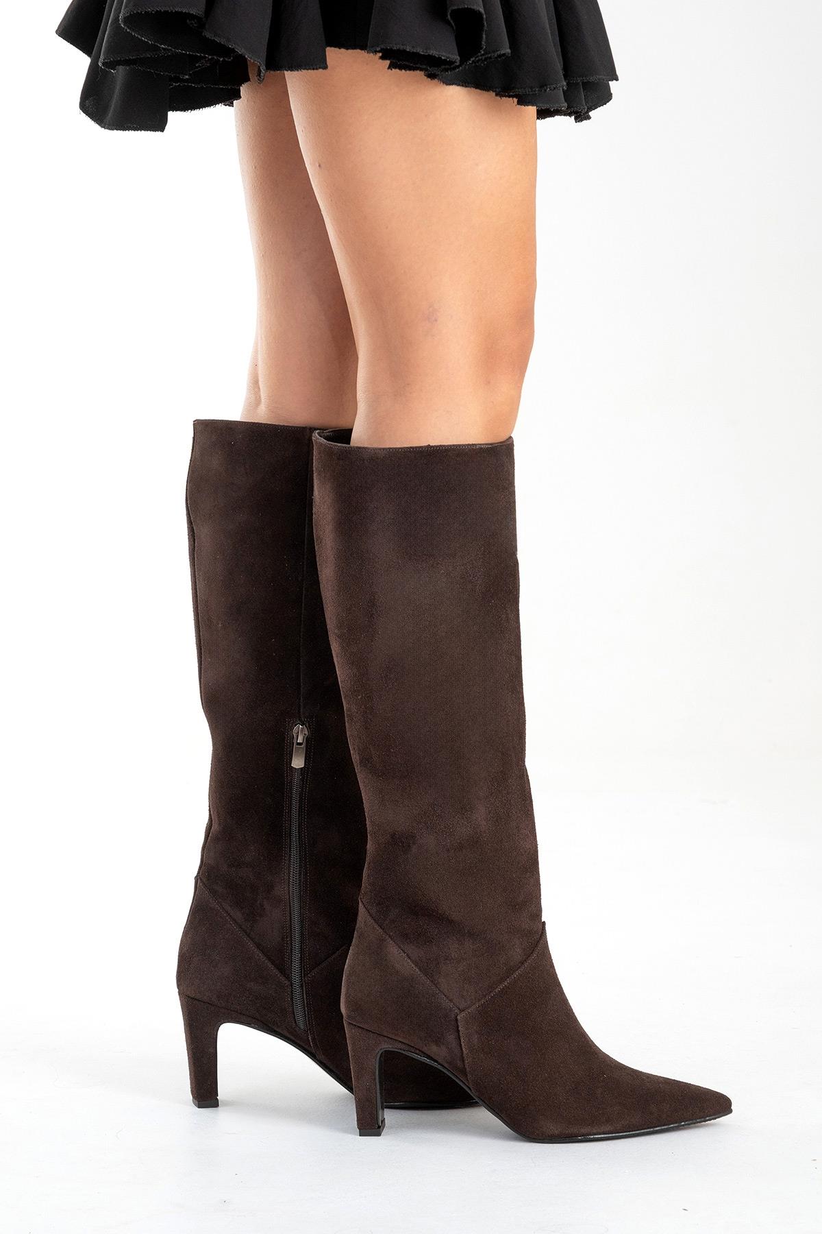 Merla - Brown Suede Leather Block Heel Boot (Women)