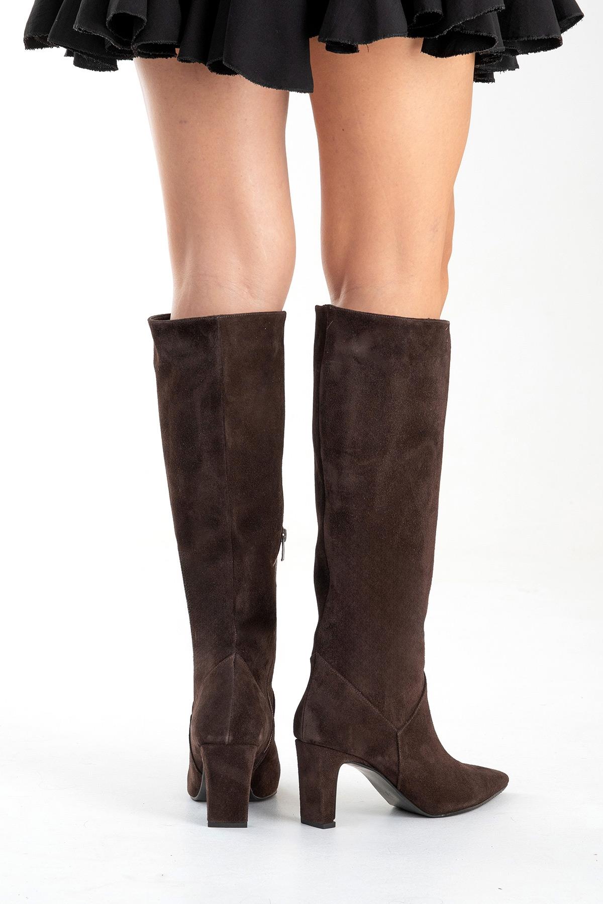 Merla - Brown Suede Leather Block Heel Boot (Women)