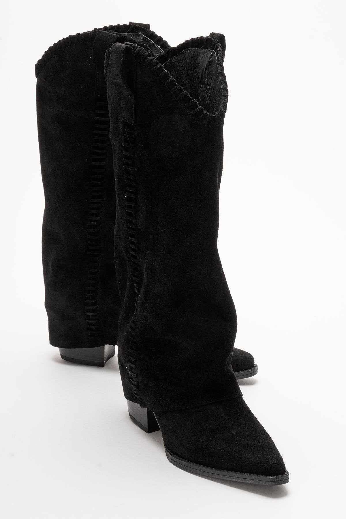 Tyler - Bota Western de Cuero de Ante Negra (Mujer)