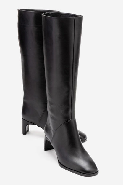 Taly - Botas de tacón cuadrado hasta la rodilla de cuero negro (Mujer)
