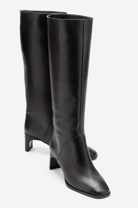 Taly - Botas de tacón cuadrado hasta la rodilla de cuero negro (Mujer)