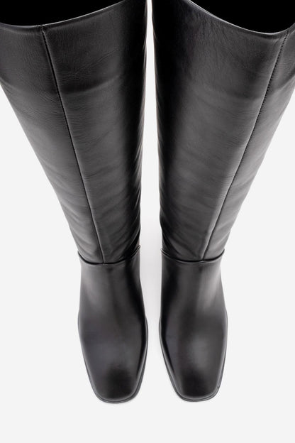 Taly - Botas de tacón cuadrado hasta la rodilla de cuero negro (Mujer)