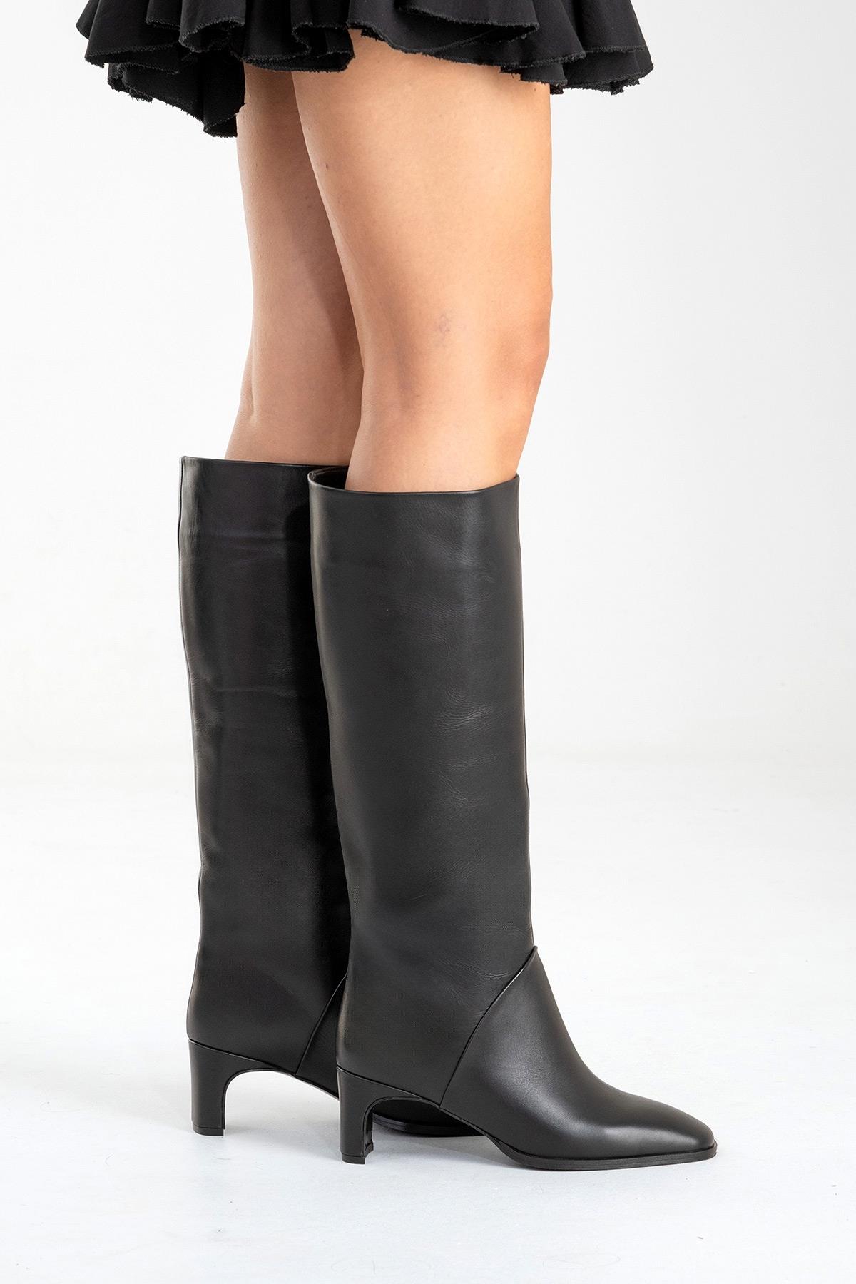 Taly - Botas de tacón cuadrado hasta la rodilla de cuero negro (Mujer)