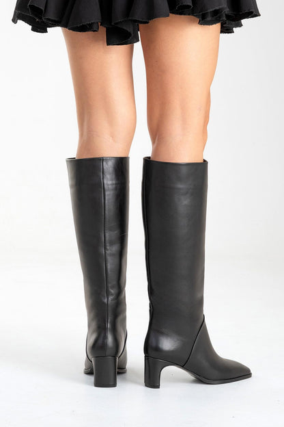 Taly - Botas de tacón cuadrado hasta la rodilla de cuero negro (Mujer)