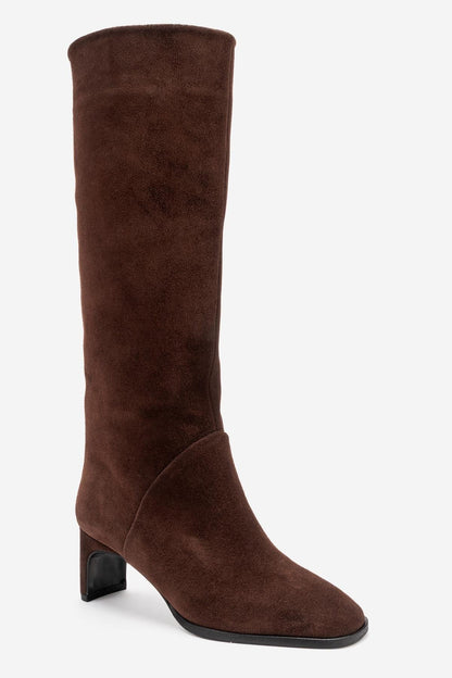 Taly - Bota alta de cuero de gamuza marrón con tacón de bloque (mujer)