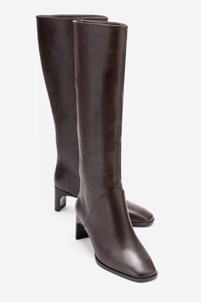 Taly - Botas altas de cuero marrón con tacón de bloque (Mujer)