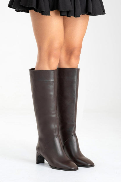 Taly - Botas altas de cuero marrón con tacón de bloque (Mujer)
