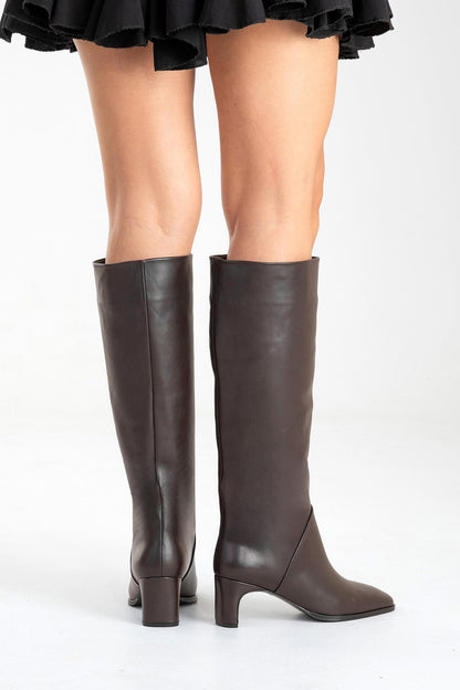 Taly - Botas altas de cuero marrón con tacón de bloque (Mujer)
