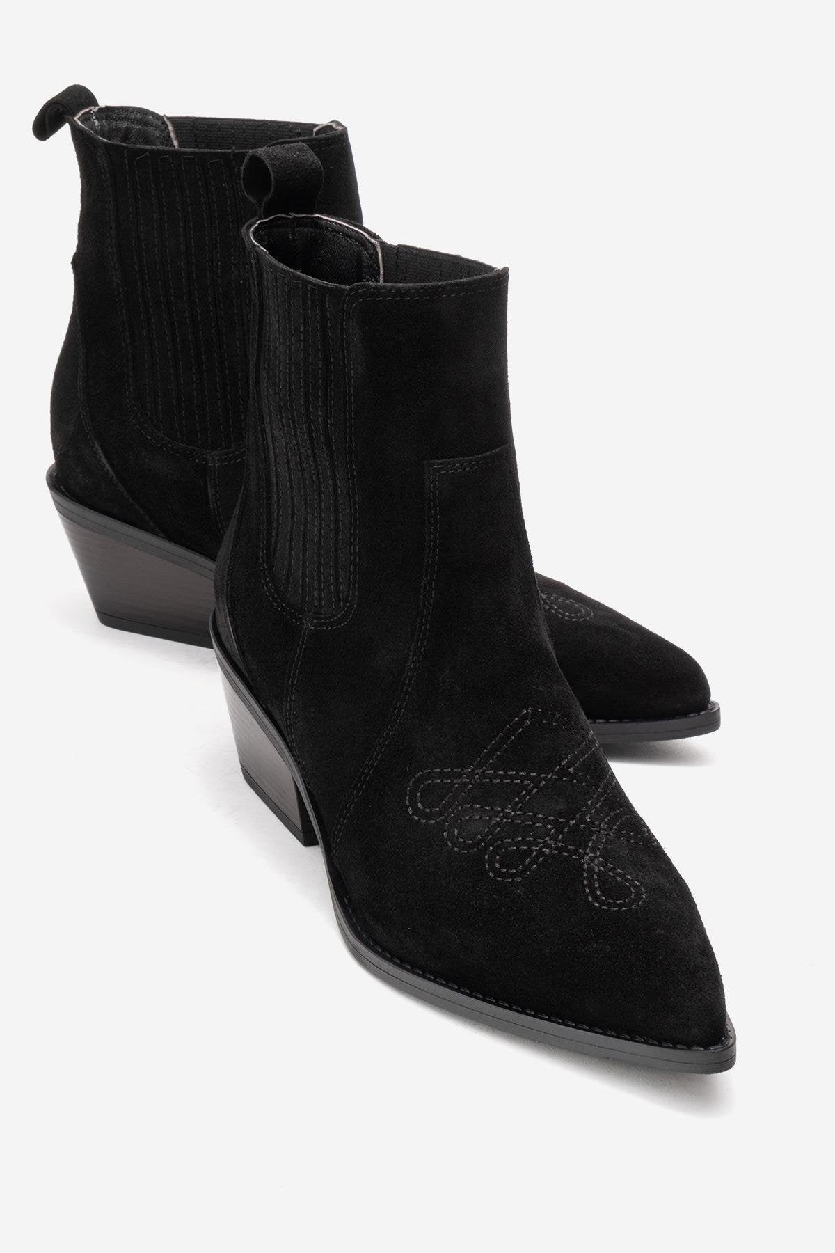 Julieta - Bota vaquera de tacón cuadrado de cuero de ante negro (mujer)