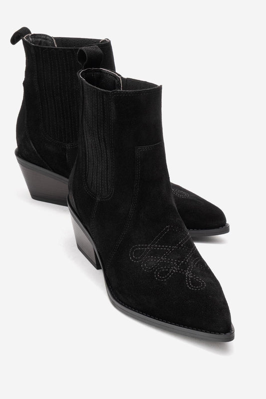 Julieta - Bota vaquera de tacón cuadrado de cuero de ante negro (mujer)
