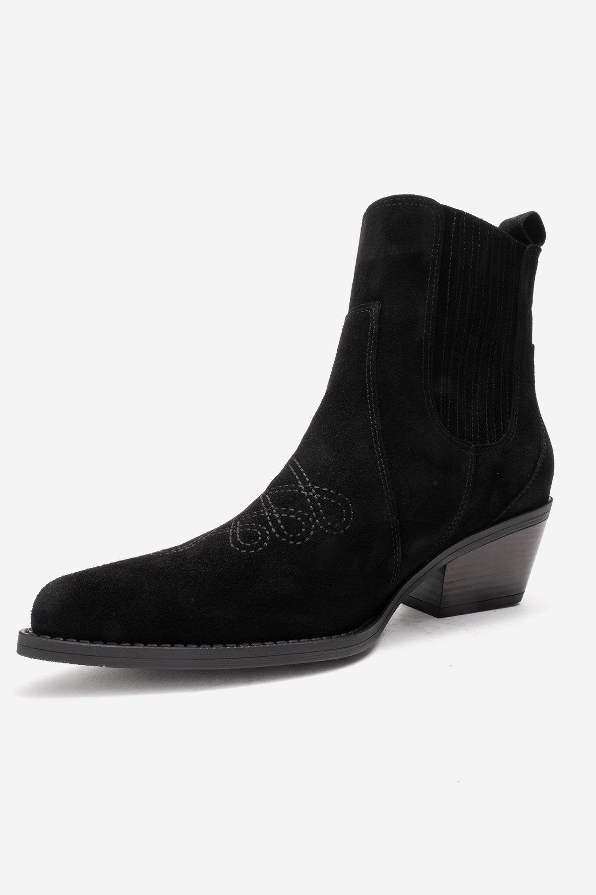 Julieta - Bota vaquera de tacón cuadrado de cuero de ante negro (mujer)