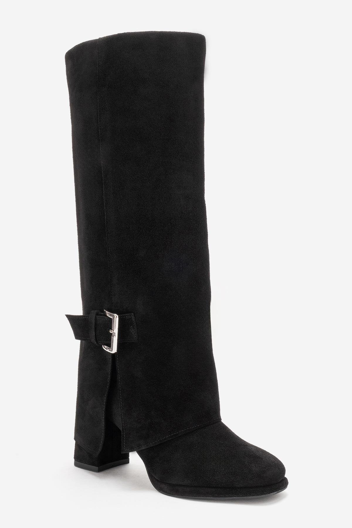 Lojo - Bota de tacón en bloque de cuero de ante negro (Mujer)