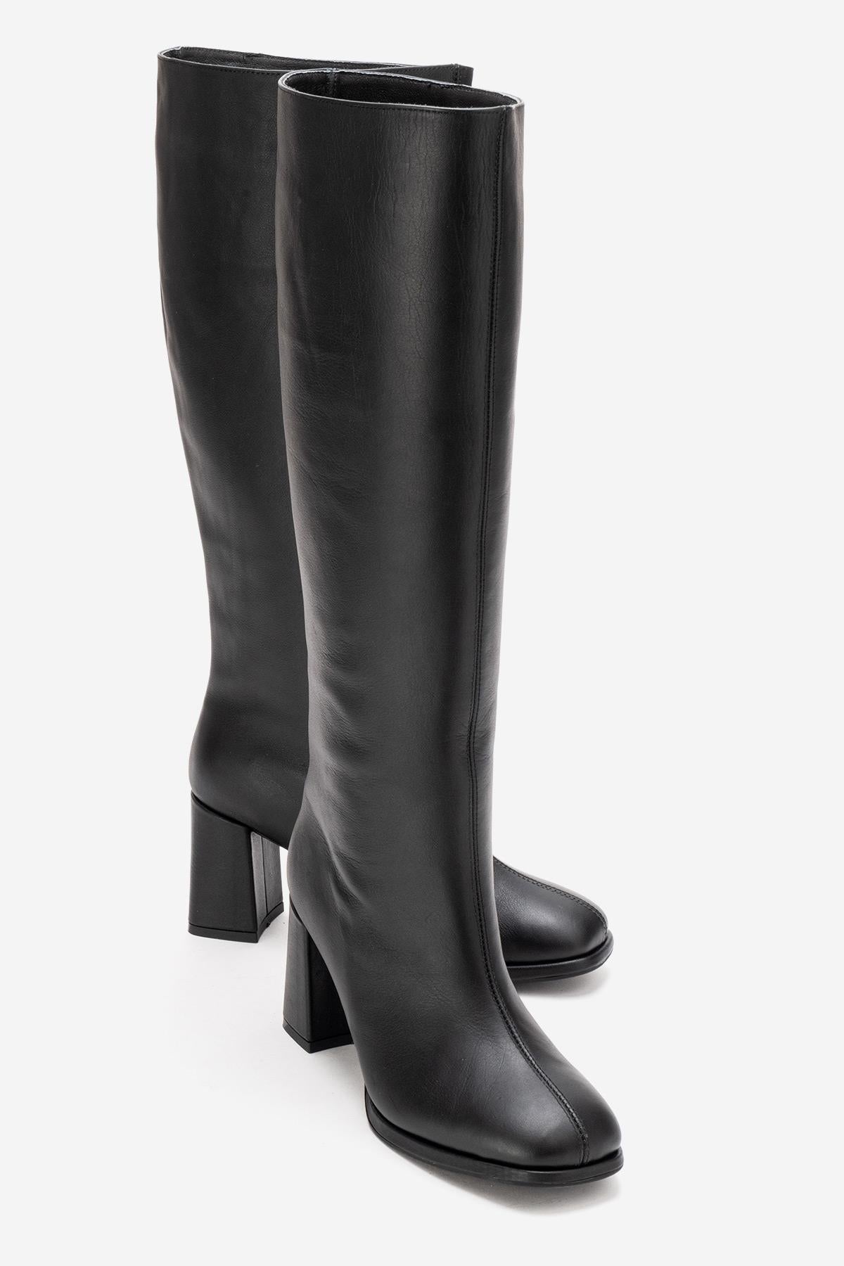 JAVEN - Bota de tacón de bloque de cuero genuino negro (Mujer)