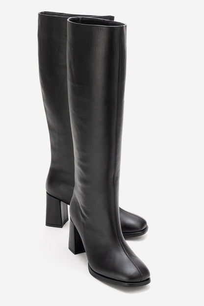 JAVEN - Bota de tacón de bloque de cuero genuino negro (Mujer)