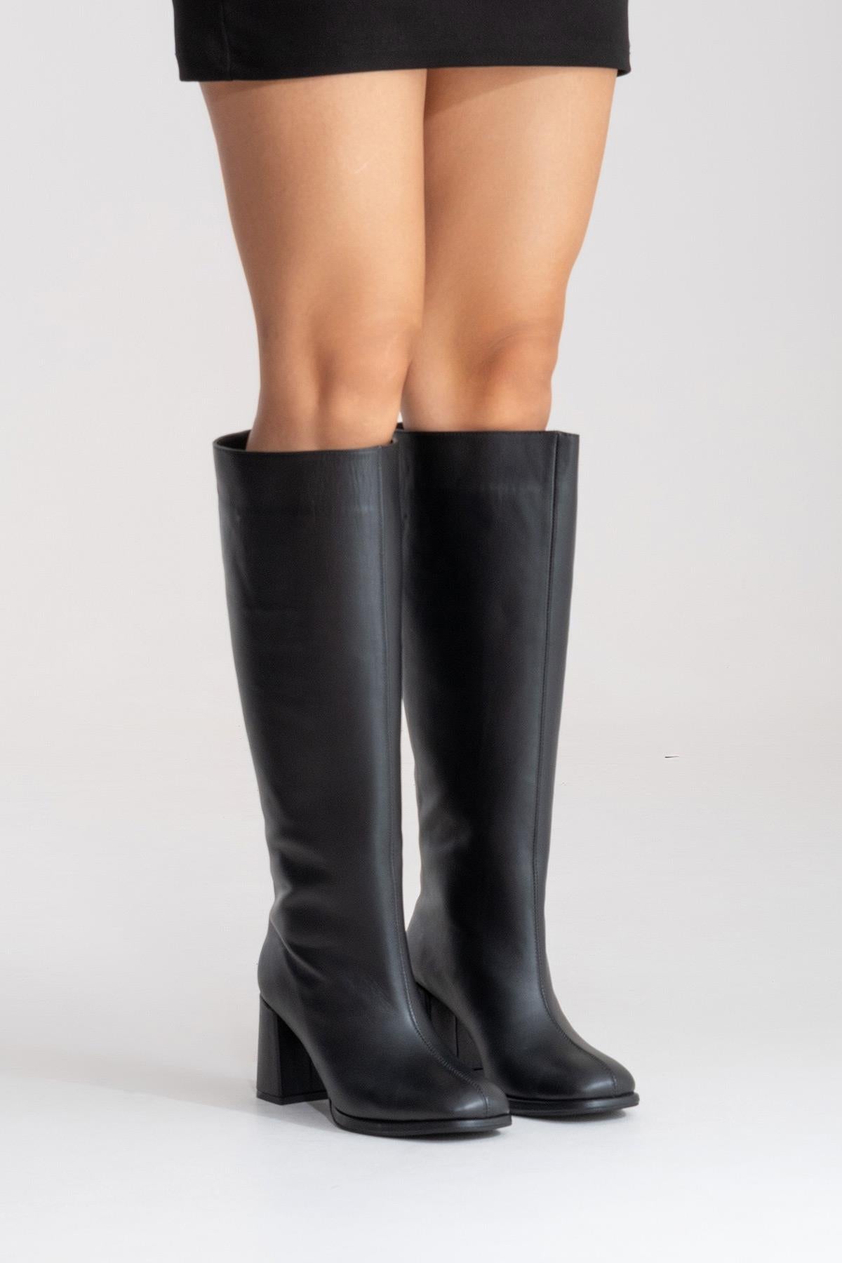 JAVEN - Bota de tacón de bloque de cuero genuino negro (Mujer)