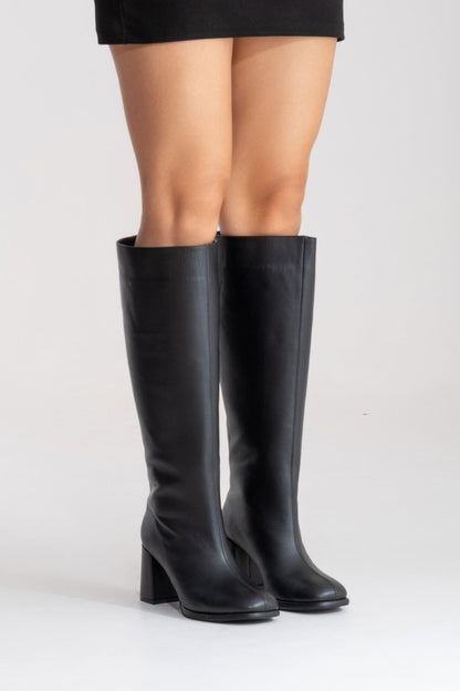 JAVEN - Bota de tacón de bloque de cuero genuino negro (Mujer)