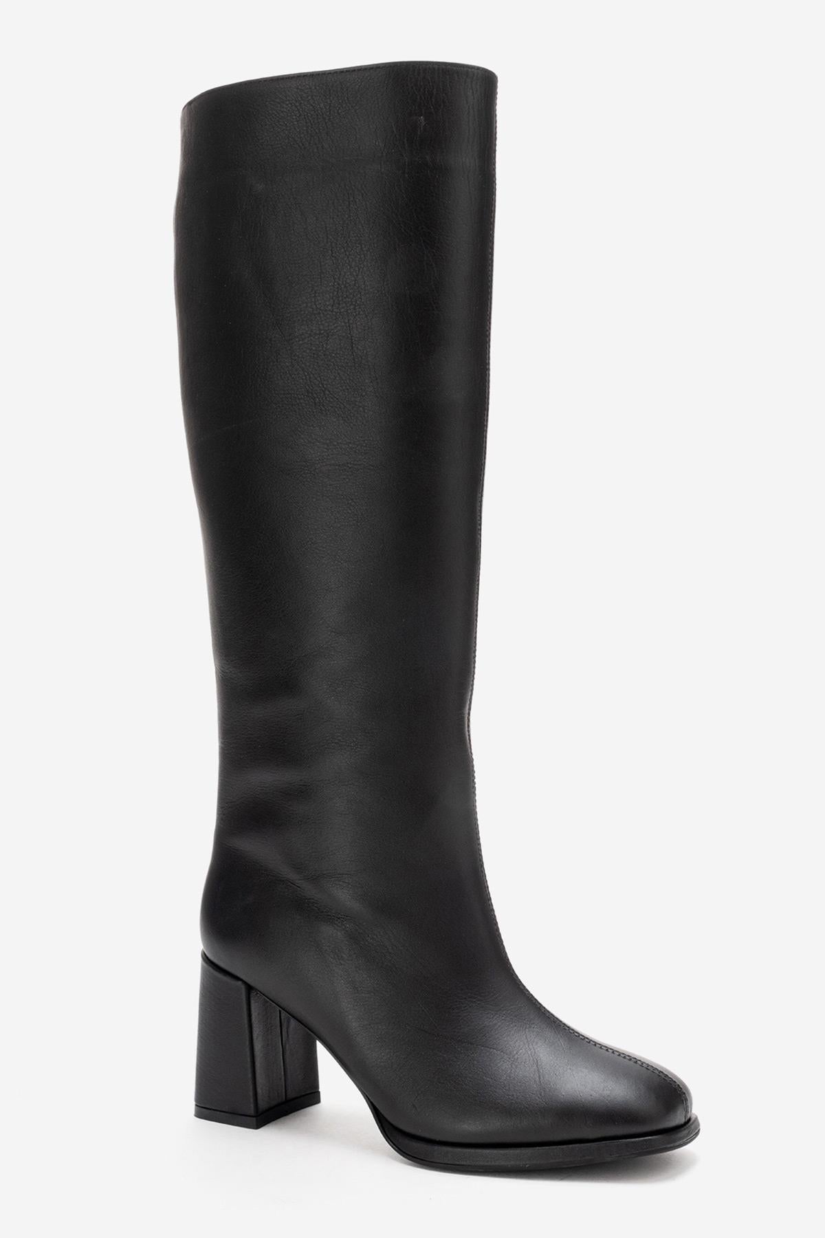JAVEN - Bota de tacón de bloque de cuero genuino negro (Mujer)