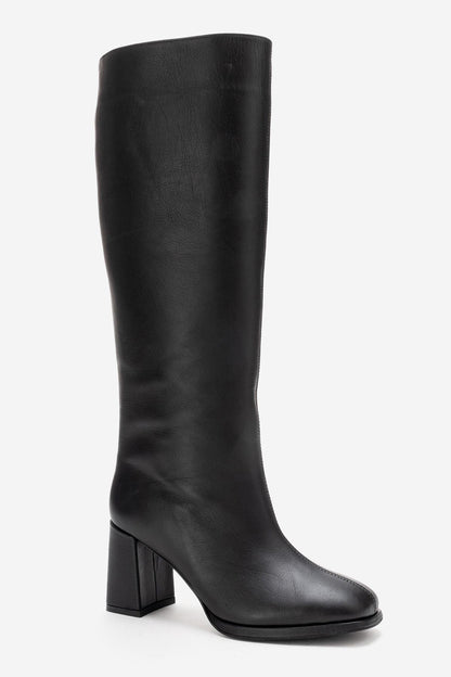 JAVEN - Bota de tacón de bloque de cuero genuino negro (Mujer)