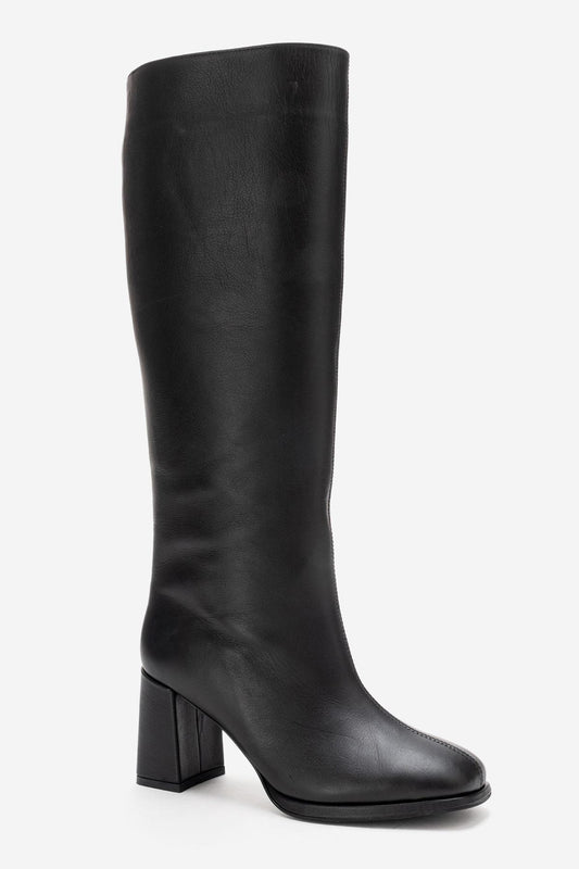 JAVEN - Black Genuine Leather Block Heel Boot (Women)
