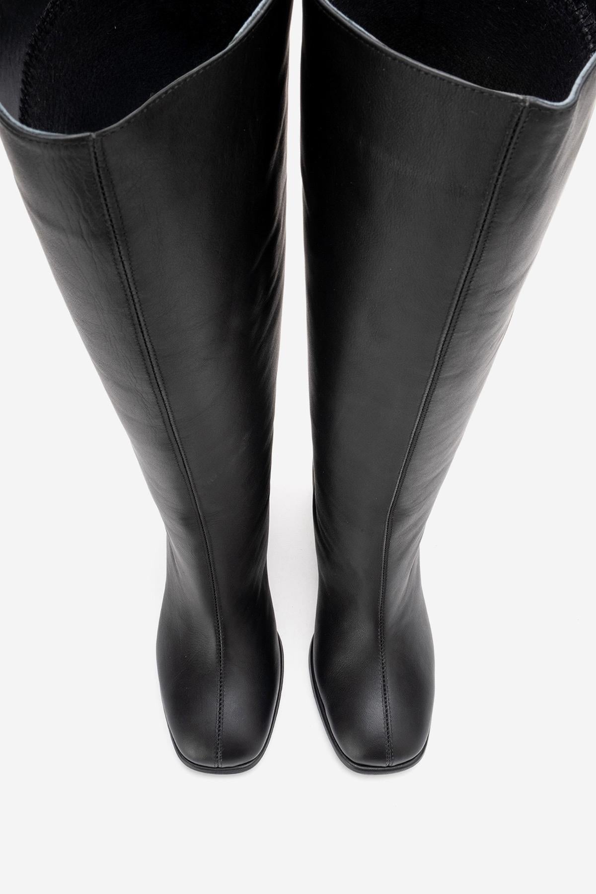 JAVEN - Bota de tacón de bloque de cuero genuino negro (Mujer)