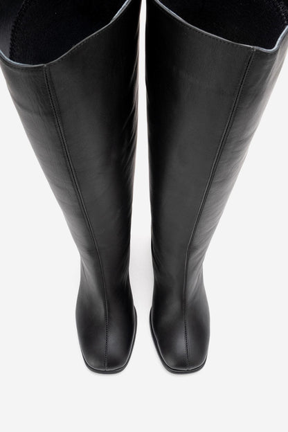 JAVEN - Bota de tacón de bloque de cuero genuino negro (Mujer)
