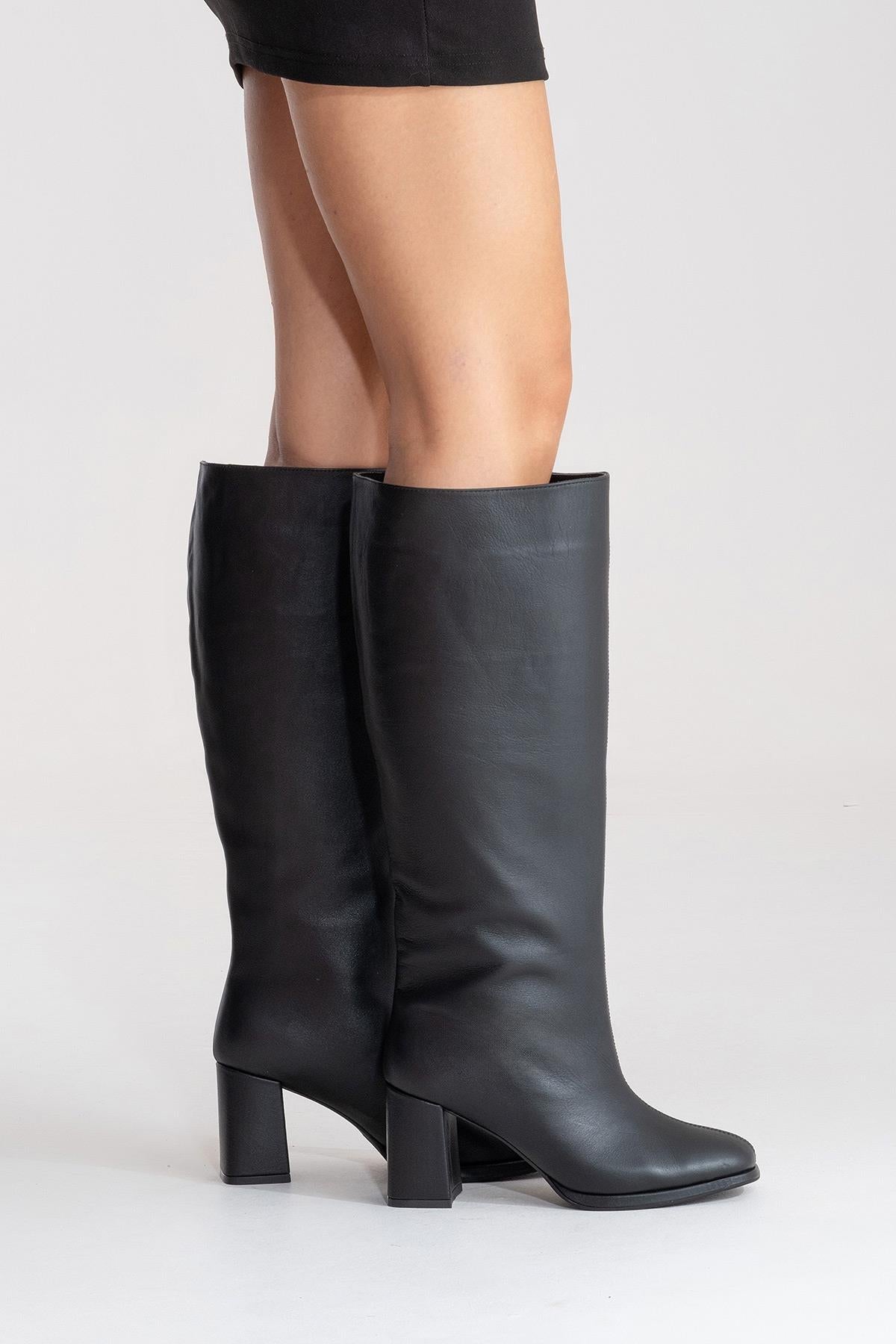 JAVEN - Bota de tacón de bloque de cuero genuino negro (Mujer)