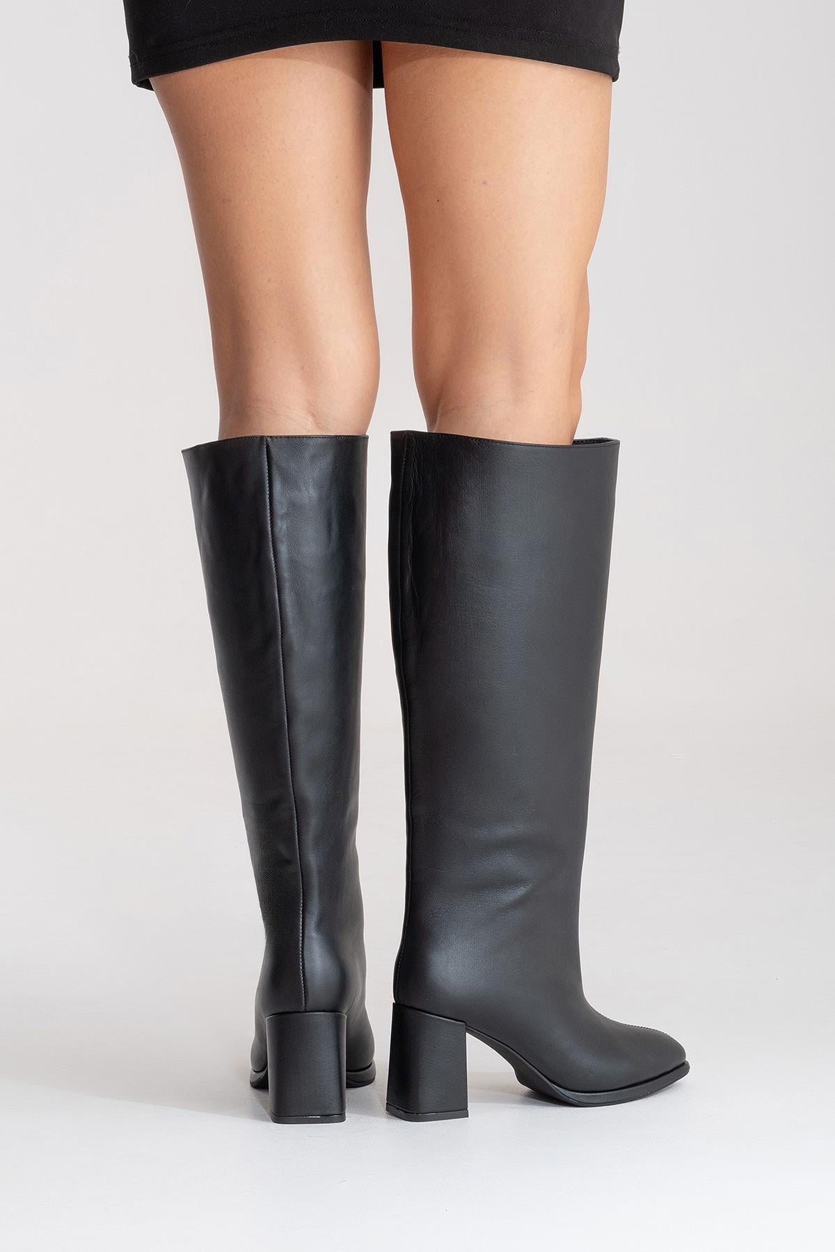 JAVEN - Bota de tacón de bloque de cuero genuino negro (Mujer)