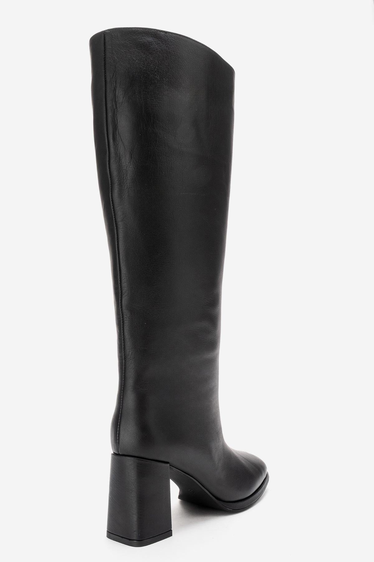 JAVEN - Bota de tacón de bloque de cuero genuino negro (Mujer)